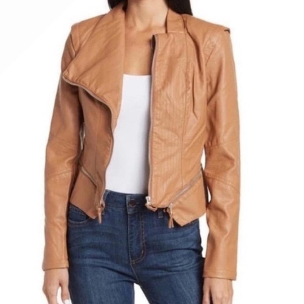 Blank NYC Women's Tan Faux Leather Asymmetrical Moto Jacket